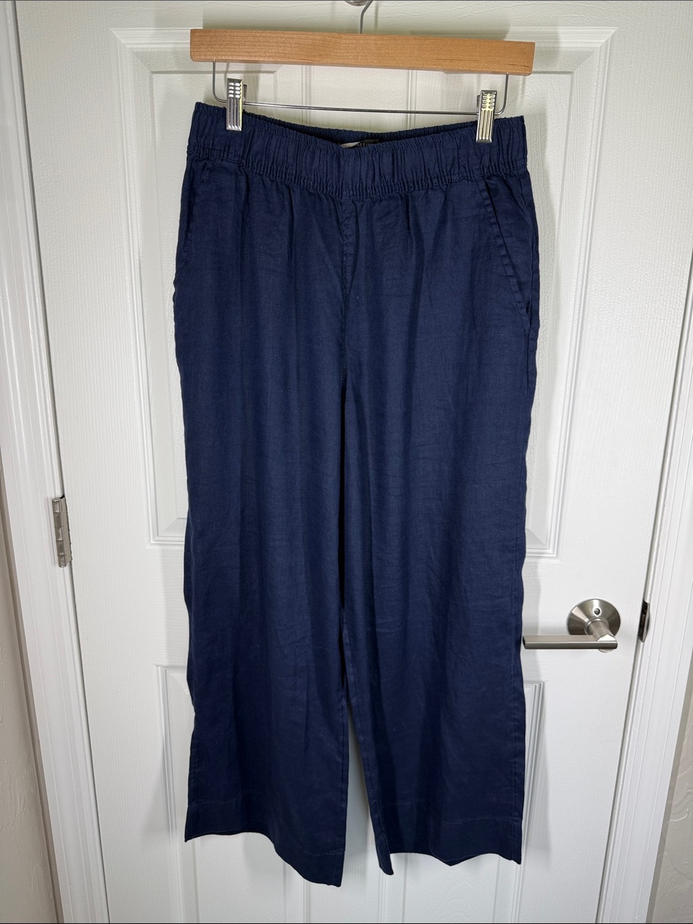 Tahari navy blue wide leg elastic waist linen pants size medium